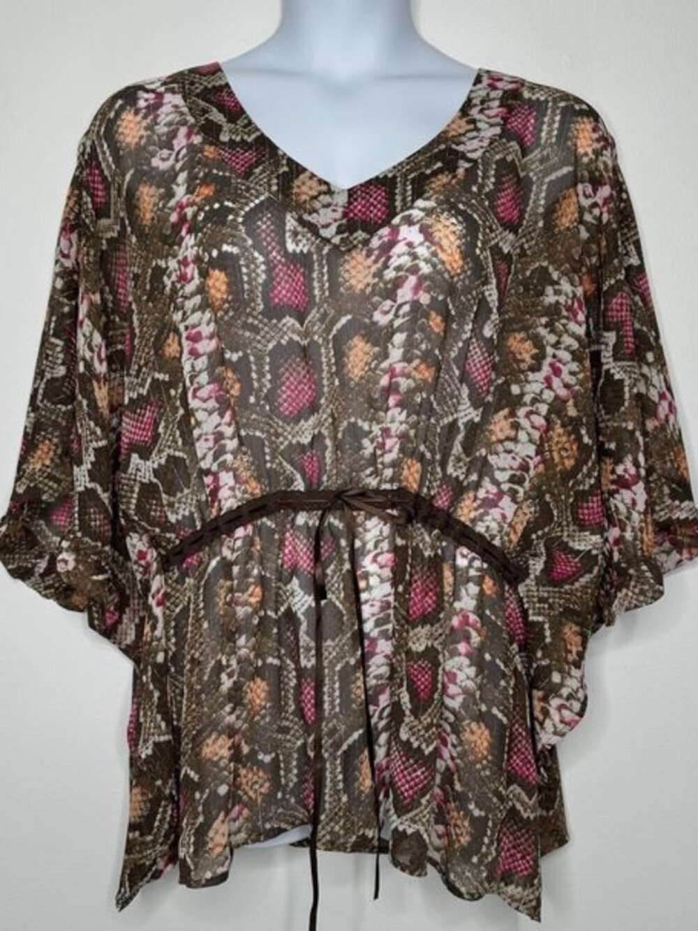 Lane Bryant Sheer Kimono Top Womens Brown Animal Print Ruffle Flowy